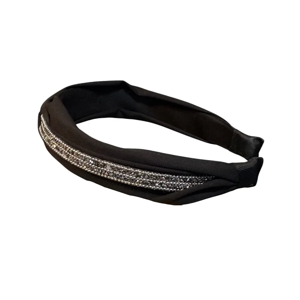 4/$40 Black Knotted Rhinestone Silver Crystal Embellished Wide Headband